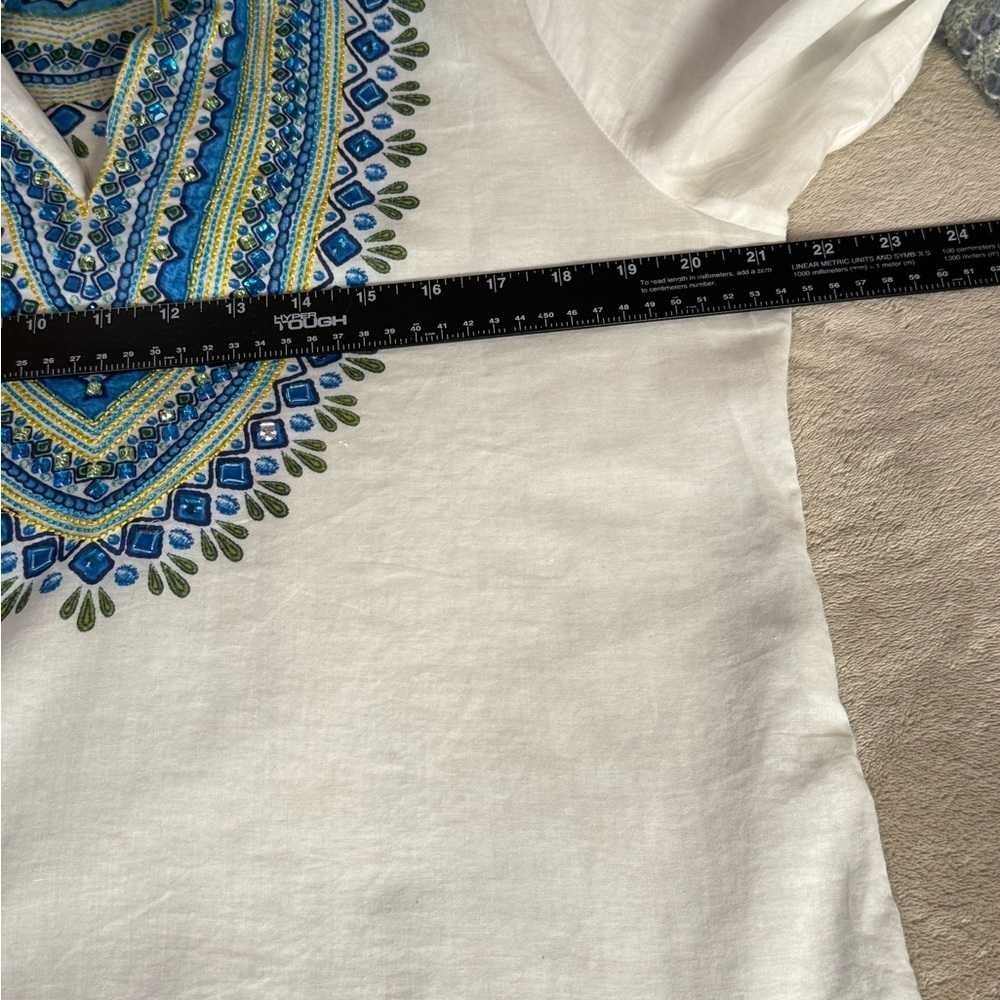 Chico's White Embroidered Cotton Boho Tunic Top Blue Embellished Beaded Size M - Picture 9 of 14